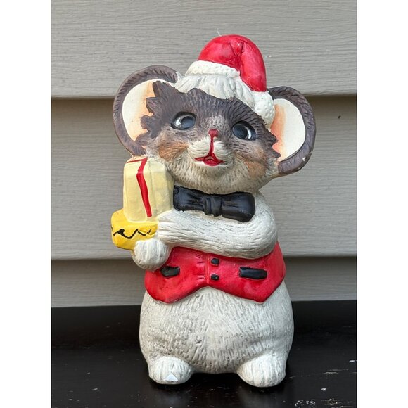 Vintage Ceramic Christmas Mouse Figurine Money Coin Bank With Santa Hat & Candle - Picture 1 of 7